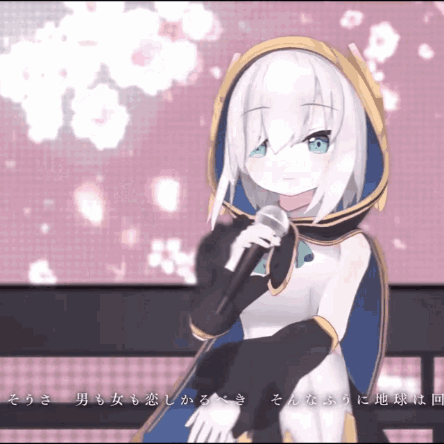 a girl with white hair and blue eyes is singing into a microphone in a video game