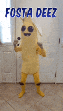 a person in a banana costume is standing in front of a door with the caption fosta deez