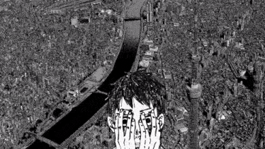 a black and white drawing of a man covering his face in front of a city with a river .