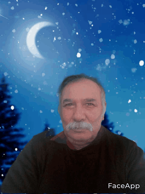 a man with a mustache is in front of a blue sky with a crescent moon behind him