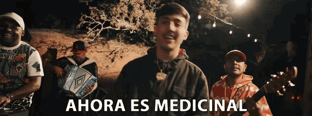 a group of young men are playing instruments and singing a song called ahora es medicinal