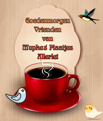 a red cup of coffee sits on a saucer next to a sign that says goedemorgen