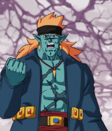 a cartoon character with a blue shirt and orange hair has a belt with the number 100 on it