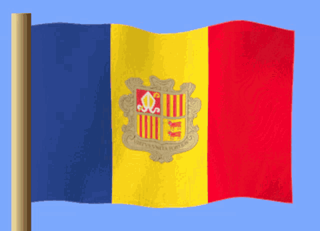 a red yellow and blue flag with a shield on it
