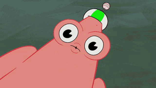 a cartoon character with big eyes and a green hat on