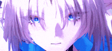 a close up of a anime character 's face with purple hair and blue eyes
