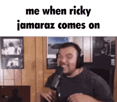 a man wearing headphones is singing into a microphone with the words " me when ricky jamaraz comes on "