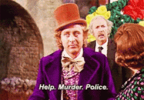 a man in a top hat and a purple coat says help murder police