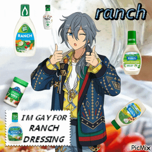 a man giving a thumbs up next to ranch dressing bottles