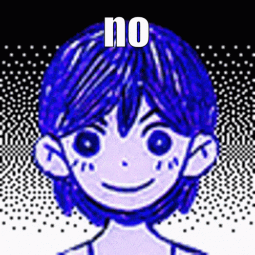 a cartoon character with blue hair is smiling and has the word no on it .