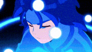 a close up of a person 's face with blue hair surrounded by glowing lights .