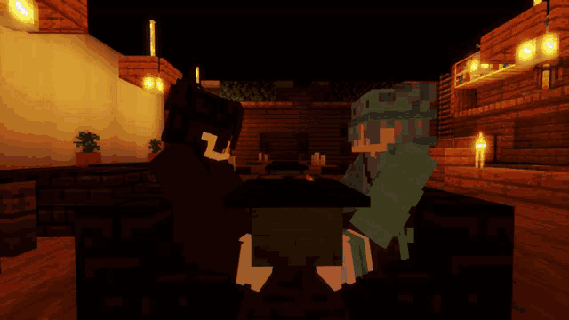 two minecraft characters are sitting at a table in a dark room with the words " играй на bm " on the bottom