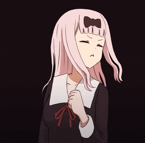 a girl with pink hair and blue eyes is wearing a bow on her head