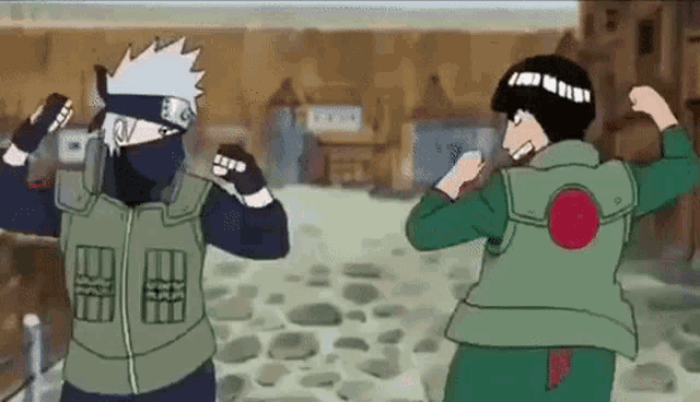 kakashi and rock lee are standing next to each other and flexing their muscles .