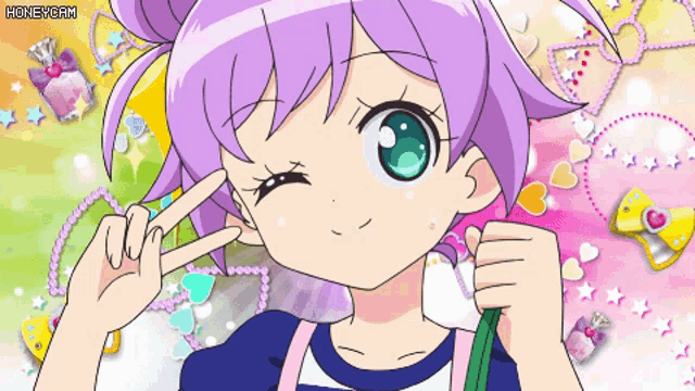 a girl with purple hair is making a peace sign with her fingers