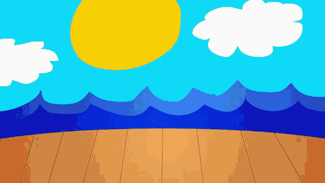 a cartoon drawing of a beach scene with waves and clouds