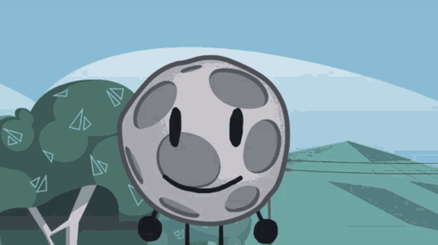 a cartoon drawing of a moon with a face and arms