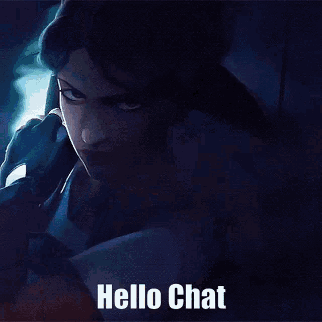 a video game character is holding a sword and says hello chat .
