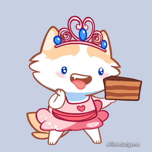 a drawing of a cat wearing a tiara and holding a piece of cake by @ilovecatgame
