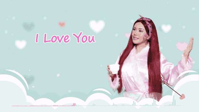 a woman in a pink robe is holding a cup of coffee with the words i love you behind her