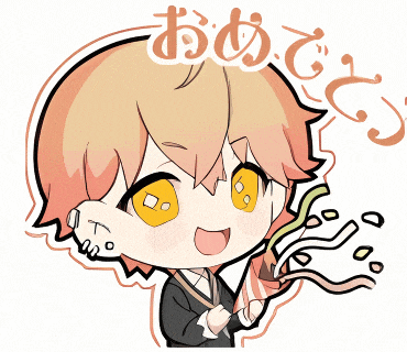 a cartoon drawing of a boy with orange hair and yellow eyes with the words " おめでとう " written above him
