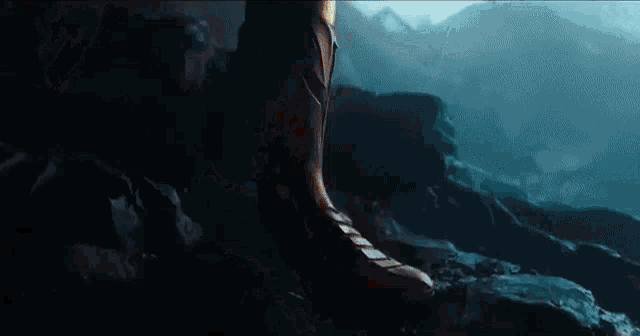 a close up of a person 's foot standing on a rocky cliff .