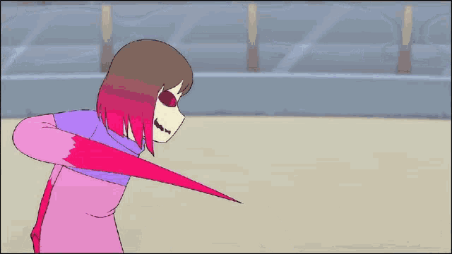 a cartoon drawing of a girl with red hair and purple sleeves