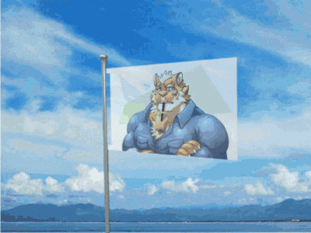 a flag that has a picture of a furry man on it