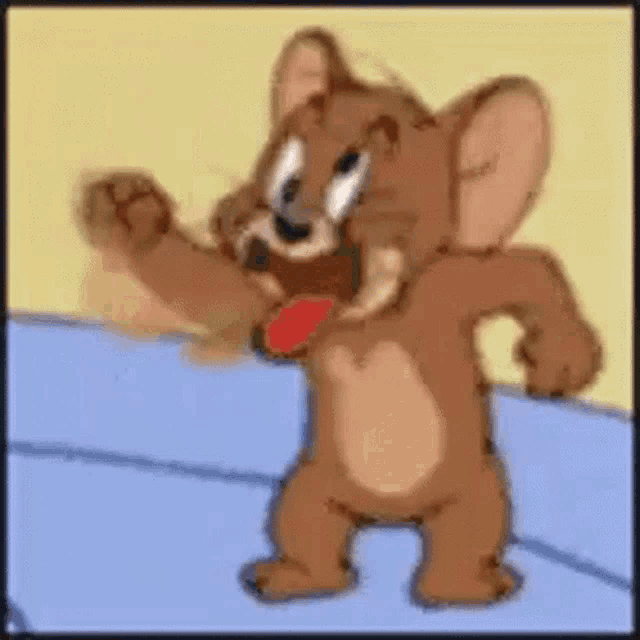 a cartoon of jerry from tom and jerry is dancing on a blue surface .