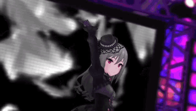 a girl in a black dress and hat is holding a microphone .
