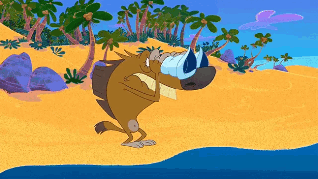 a cartoon horse is standing on a sandy beach looking through binoculars