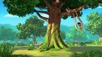 a snake is hanging from a tree in a cartoon scene