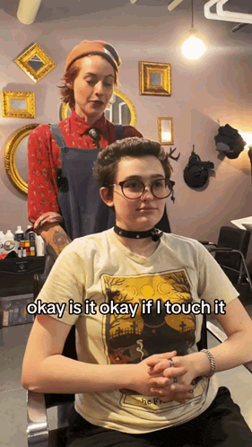 a woman sitting in a chair with the words okay is it okay if i touch it on the bottom