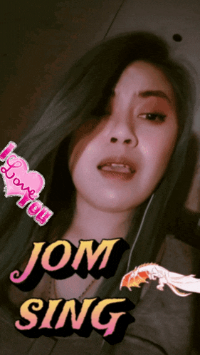 a woman with a sticker that says i love you jom sing