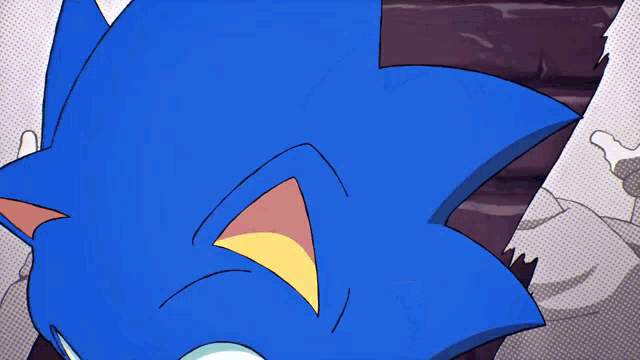 a close up of sonic the hedgehog 's face with a purple background