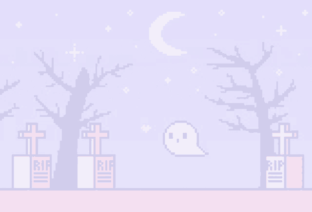 a pixel art illustration of a cemetery with a ghost and trees