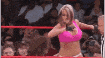 a woman in a pink bra is wrestling in a ring .