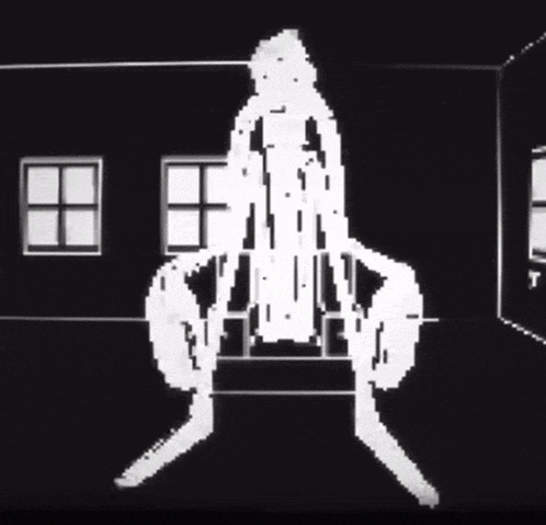 a black and white drawing of a person standing in front of a window