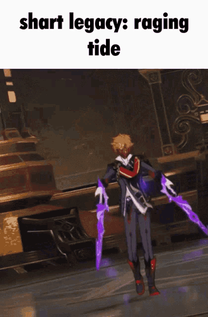 a video game character is holding a pair of purple swords and says ' shaft legacy raging tide '