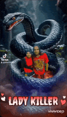 a man and a woman are posing for a picture in front of a snake that says lady killer .