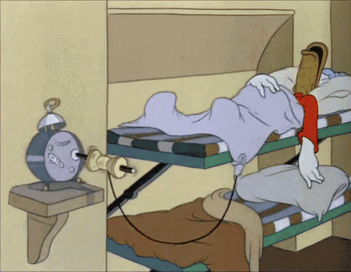 a cartoon shows a man sleeping in a bunk bed next to an alarm clock that says ' 8 ' on it