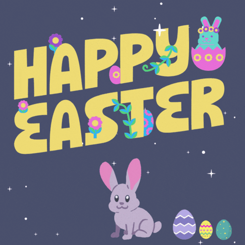 a happy easter greeting with a bunny and eggs