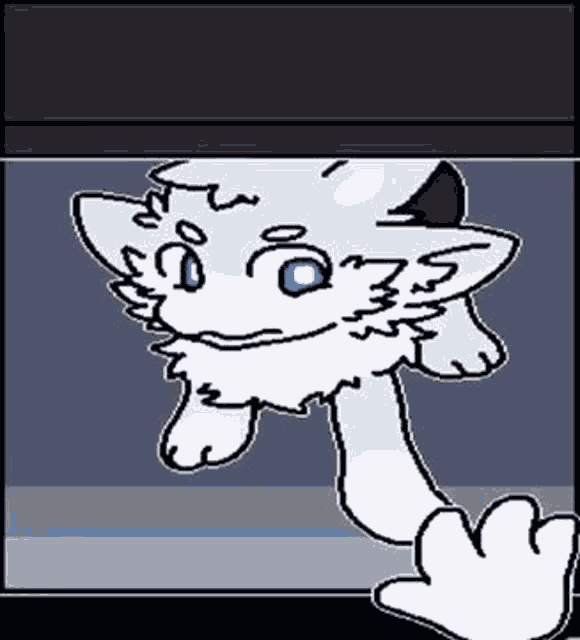 a cartoon drawing of a white cat with blue eyes and a tail .
