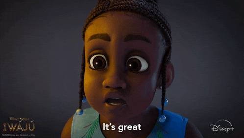 a cartoon girl says it 's great in front of a poster for iwaju