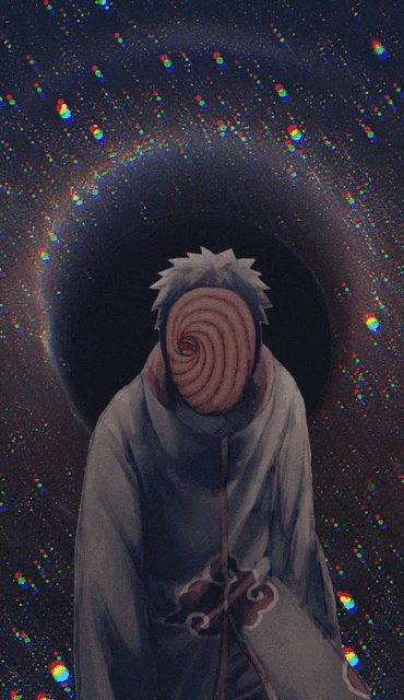 a drawing of a person with a mask on their face with a black hole in the background
