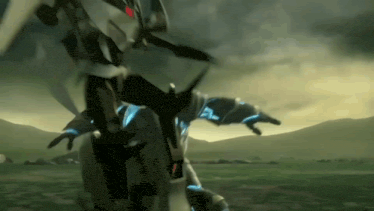 a robot is flying over a field with mountains in the background .