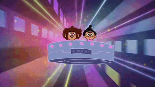 two cartoon characters are flying through space in a spaceship that says abroom