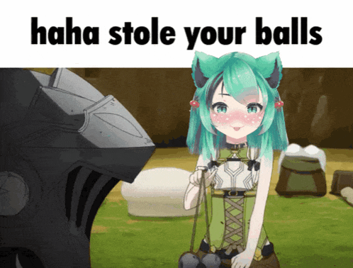 a picture of a girl with green hair and the words " haha stole your balls " below her