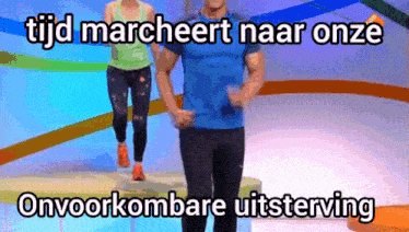 a man and a woman are running on a stage with the words tijd marcheert naar onze