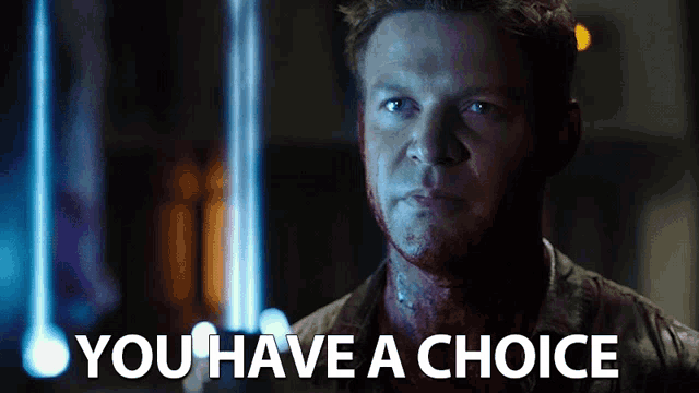 a man with blood on his face and the words you have a choice behind him